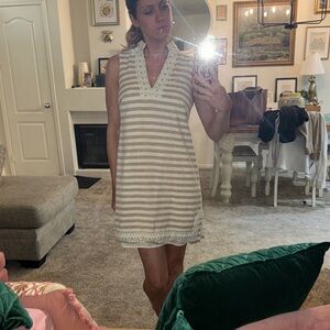 Eliza J Cream and White Striped Crochet-Trim Mini Dress